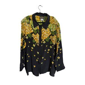 Bob Mackie Wearable Art Silk Floral Blouse 3X Black Yellow Green Beaded Sequin